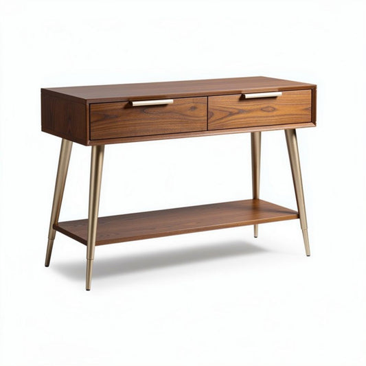 Houten console tafel met twee lades en metalen poten 120 x 40 x 75cm