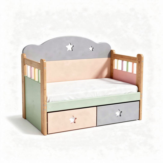 Houten kinderbed met opberglades en ster ontwerp in pastelkleuren 150 x 80 x 60cm