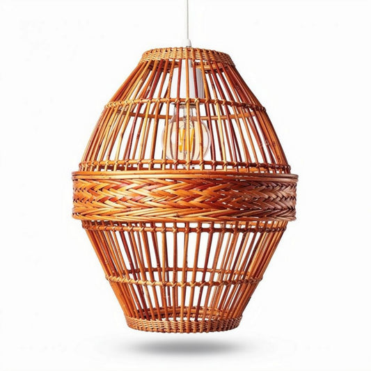 Hanglamp van gevlochten rotan in natuurlijke kleur met een afmeting van 30 x 30 x 40cm