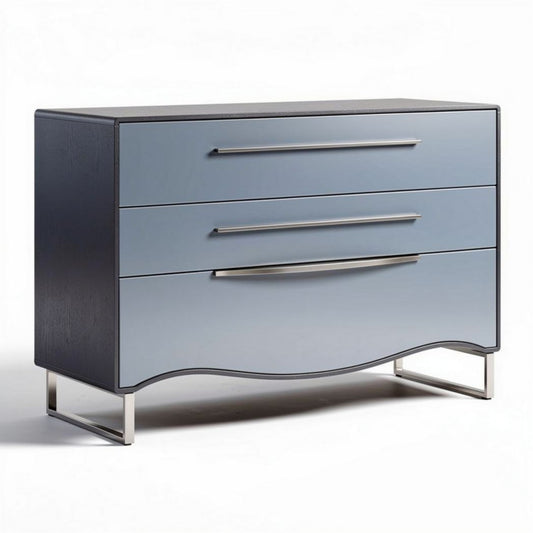 Lade kast in blauw en grijs met drie lades en metalen poten 80 x 40 x 75cm