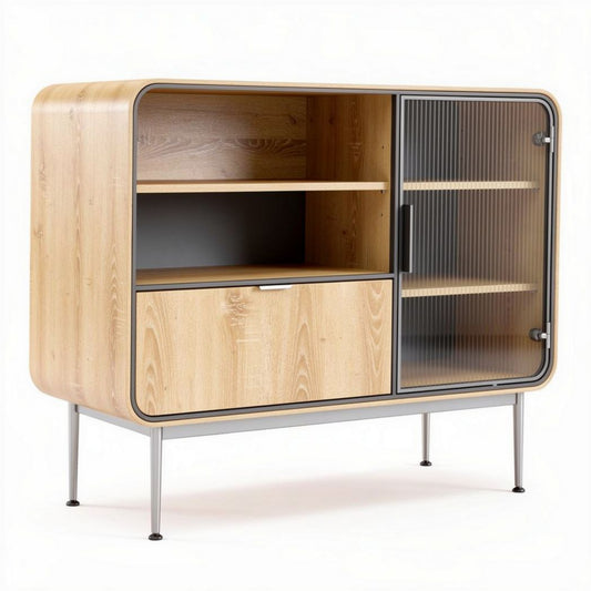 Houten vitrinekast met glazen deur en metalen frame 120 x 40 x 80cm