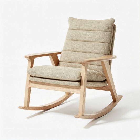 Schommelstoel van hout met beige textielbekleding 80 x 65 x 90cm