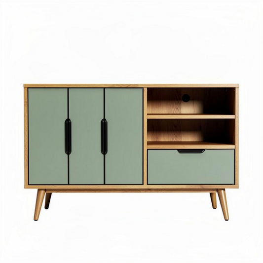 Tv-meubel van hout met groene deurtjes en lade 120 x 40 x 70cm