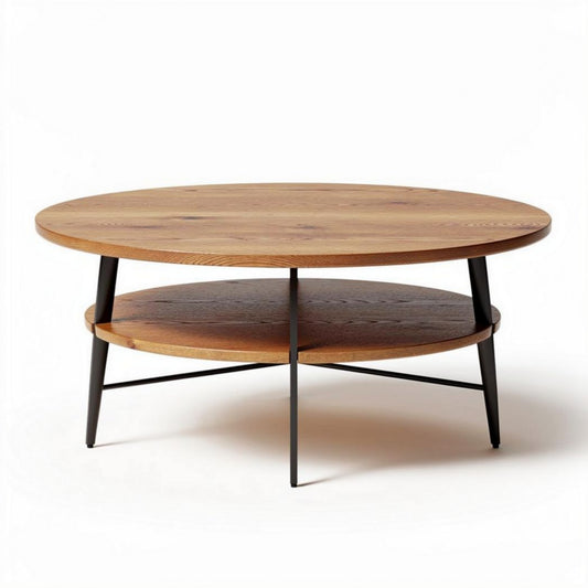 Salontafel rond van hout met een metalen onderstel en een afmeting van 90 x 90 x 40 cm