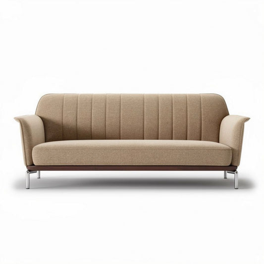 Bank in beige stof met houten frame en afmetingen 200 x 80 x 90cm